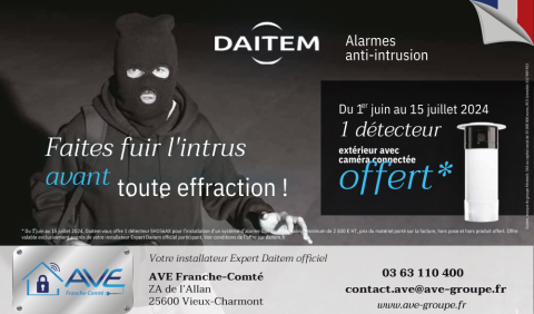 ave groupe, installateur système d’alarme Daitem,  offre détecteur de mouvement extérieur avec caméra connectée  